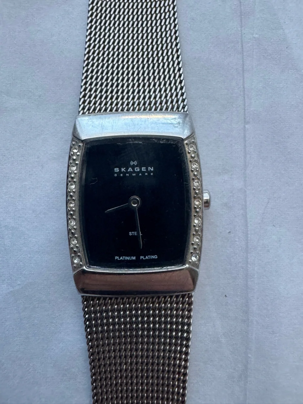 Skagen Denmark Platinum Plated Crystal Accent Mesh Watch